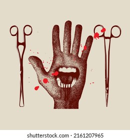 vector human hand palm with mouth and surgical trailers with blood