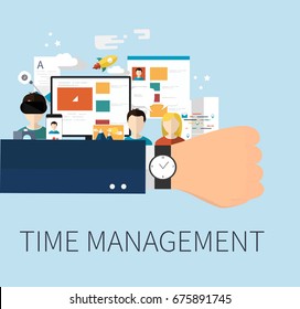 Vector Human Hand and Wristwatch.Time management vector business concept.Vector watch for time management business infographic. -stock vector