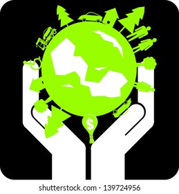 Vector with human hands and green planet