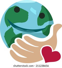Vector with human hands and green planet on a white background