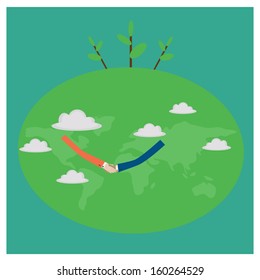 Vector with human hands and green planet,cooperate to save the world