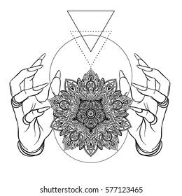 Vector human hands with ornamental Lotus flower, ethnic art, patterned Indian paisley. Hand drawn illustration. Invitation element. Tattoo, astrology, alchemy, mandala magic symbol.