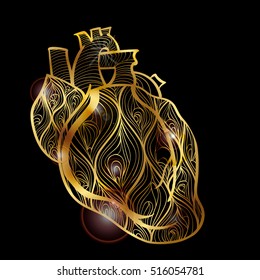 Vector of human heart with gold gradient. Hand drawn doodle decorated with waves.