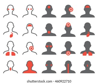 Vector human illness icons illustration. Headache, heart, eyes, ears, throat, tooth pain, lungs disease, snuffle, fever heat