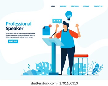 Vector human illustration of professional speaker. The man speaking on the podium. Can use for landing page, template, web, mobile app, poster, banner, flyer, background, website, advertisement