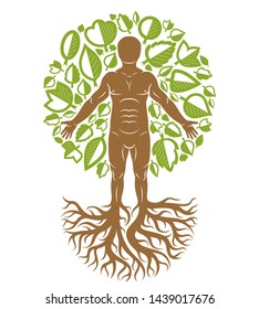 Vector human, individuality created with tree roots and surrounded by eco green leaves. Family tree, tree of life conceptual graphic illustration.