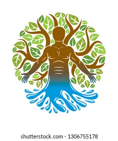 Vector human, individuality deriving from water wave and surrounded by eco green leaves. Alternative medicine, homeopathy graphic illustration.