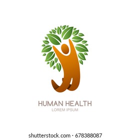 Vector human logo, icon or emblem design. Happy jumping man and abstract green tree. Healthcare, family wellness, ecology, environment and eco friendly concept.