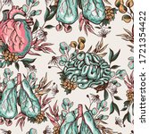 Vector human lungs, heart, brain with flowers seamless pattern, healthcare medical vintage texture