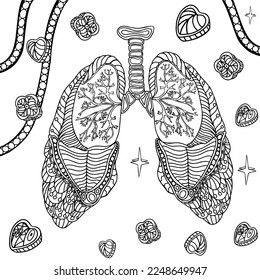 Vector Human lungs. Line colouring anatomy drawing decorative curves, creativity, learning, design. Antistress colouring book for adults. Stylised black and white illustration of human lungs