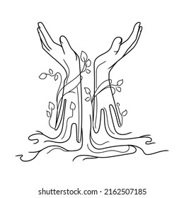 Vector Human Open Hands Growing From Ground With Roots Branches And Leaves Line Art Drawing Isolated On White Background.Hand Drawn Cupped Hands Illustration.Support,hope And Peace Concept.Logo,emblem