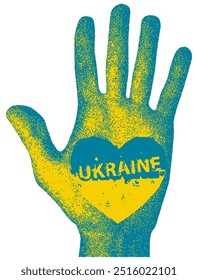 Vector human palm hand with sign of heart made of drops and splashes with yellow blue flag and word of ukraine. Sign of love and peace