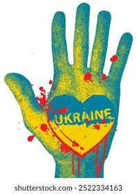 Vector human palm hand with sign of heart made of drops and splashes blood with yellow blue flag and word of ukraine. Sign of love and peace