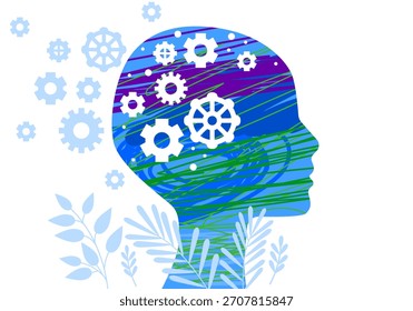 Boceto de doodle de perfil humano de Vector. Borde humano y proceso de engranaje. Inteligencia, representación del pensamiento, mente