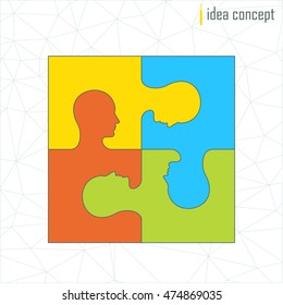 Vector human profile. Puzzle pieces icon. Solution concept for teamwork. Elements for marketing, promotion, branding and media. Flat cartoon illustration. Objects isolated on white background.