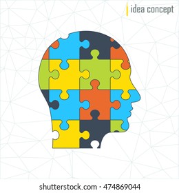 Vector human profile. Puzzle pieces icon. Solution concept for brainstorm. Elements for marketing, promotion, branding and media. Flat cartoon illustration. Objects isolated on white background.
