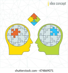 Vector human profile. Puzzle pieces icon. Solution concept for teamwork. Elements for marketing, promotion, branding and media. Flat cartoon illustration. Objects isolated on white background.