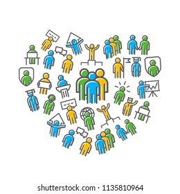 Vector human resources and business organization management thin line icons in heart shape design concept. Illustration for presentations on white background