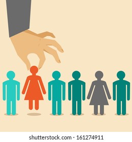 Vector  Human Resources Concept  - Hand Holding Woman Icon - In Flat Style