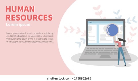 Plantilla de vectores de recursos humanos y la mujer está buscando al empleado en el sitio web de la computadora 