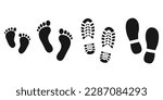 Vector of human shoes, bare feet, baby footprints icon set isolated on white background