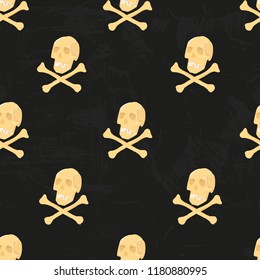 Vector human skeleton seamless pattern with skulls and crossbones. For wallpaper, wrappingpaper, fabric print. Creepy and horror background on dark for halloween party