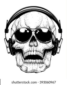 Vector human skull with aviator sunglasses listening to music in headphones. Dotwork hand drawn illustration of a human skull.