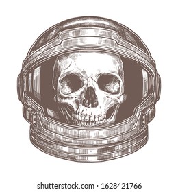 Vector human skull in cosmonaut helmet on white background. Dead astronaut in the space in spacesuit. Vector sketch realistic drawing in engraved style. Illustration for t-shirt, print or tattoo