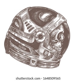 Vector human skull in cosmonaut helmet on white background in profile. Dead astronaut in the space in spacesuit. Vector sketch realistic drawing in engraved style. Illustration for t-shirt, print or t