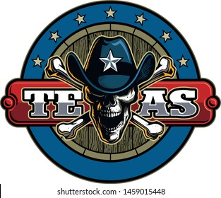 Vector human skull in cowboy hat, with the crossbones and wooden barrel on background, southern, texas logo design concept.