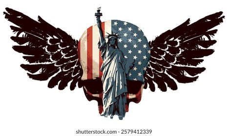 Vector human skull with flag of the United States of America, Statue of Liberty and bird wings. Graphic print for clothes, fabric, wallpaper, wrapping paper, t-shirt design