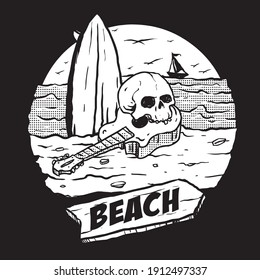 vector de cráneo humano con guitarra y tabla de surf en el paisaje de la playa y de la puesta de sol