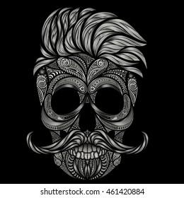 Vector of human skull with hair and mustache of patterns