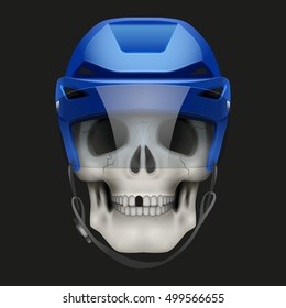 Vector Human skull with ice hockey helmet. Sport mascot or football game symbol. Vector Illustration on isolated dark background