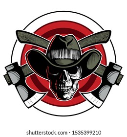 Vector human skull image with the cowboy hat and two crossed throwing axes, skull logo design concept.