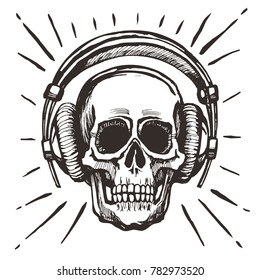 Vector human skull listening music with headphones.  Sketchy Vintage Style hand drawn Illustration prints design for t-shirts 