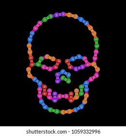 Vector Human Skull Made of Bike or Bicycle Chain. Vector Cranium or Death's Head Symbol. Multicolored Bike Chain Links. Realistic Artwork for Graphic Design, Web Banner, Social Media, UI, Mobile App.