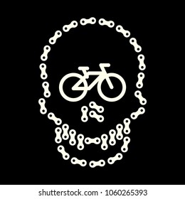 Vector Human Skull Made of Bike or Bicycle Chain. Skull and Bike Icon. I Love Cycling Concept. White Monochrome Bike Chain Skull Isolated on Black Background. T-Shirt Print