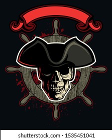 Vector human skull with the pirate hat, red ribbon banner and wooden ship whel on background.