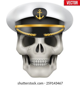 Vector Human skull with sea captain cap on head. Illustration isolated on background
