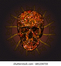 Vector human skull with sequins illustration. T-shirt modern print with skeleton. Scary dead anatomy poster decoration.