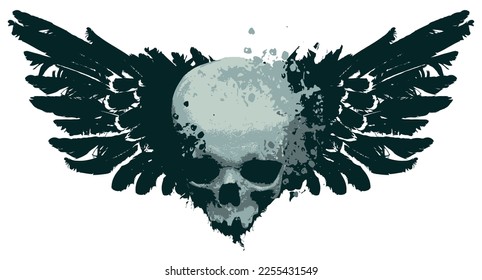 vector human skull with spots, splashes and bird wings. Graphic print for clothes, fabric, wallpaper, wrapping paper, design element for halloween party