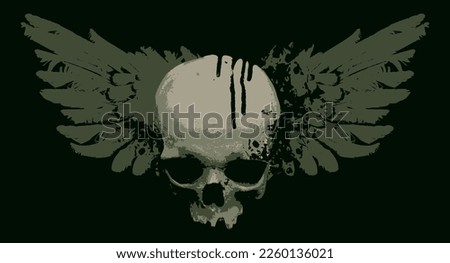 vector human skull with spots, splashes and bird wings. Graphic print for clothes, fabric, wallpaper, wrapping paper, design element for halloween party
