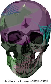 Vector human skull with tropical pattern illustration. Bones and skeleton graphics isolated on white background. Poster, t-shirt print