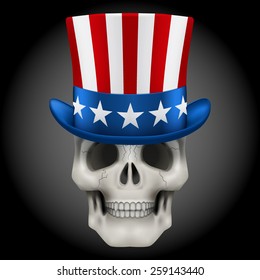 Vector Human skull with Uncle Sam hat on head. Illustration isolated on background