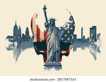 Vector human skull with United States of America flag, Statue of Liberty, New York skyscrapers background. Graphic print on theme of Apocalypse, fabric, wallpaper, t-shirt design.