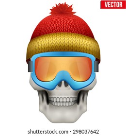 Vector Human skull with winter hat and goggles. Illustration on isolated white background