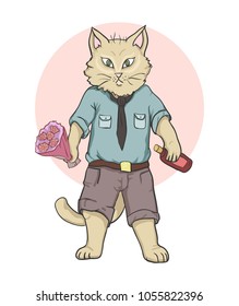 Vector humanized cat man in clothes with a bouquet of flowers and a bottle of wine on a white background for printing on romantic cards wedding, valentine's day. Groom wants to marry