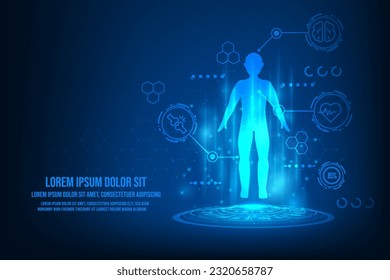 Vector humen hologram with medical healthcare. Technology graphic of MRI scan interface. Hologram humen brain.