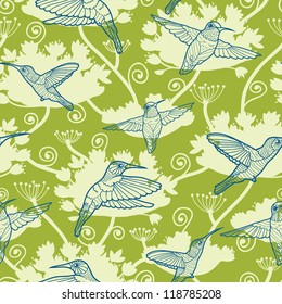 Vector Hummingbirds Among Flowers Seamless Pattern Background. Cut, hand drawn and colorful elements.